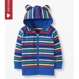 Hanna Andersson Bright Basics Bear Hoodie Blue Multi Striped 3T
